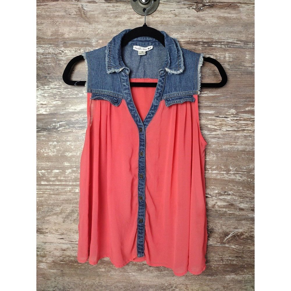 Double Zero Women's Medium Button Up Denim Sheer Halter Blouse Lt Pink Open Slit